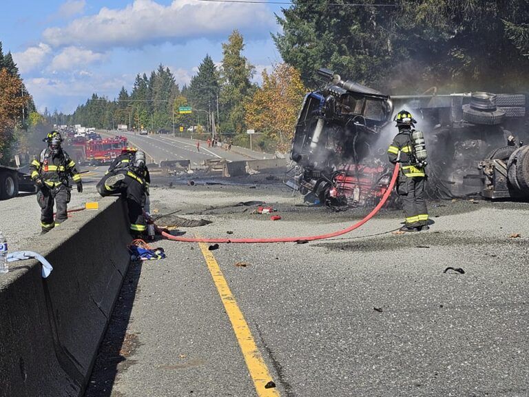 Highway Closed After Truck Slams into Barrier and Crashes