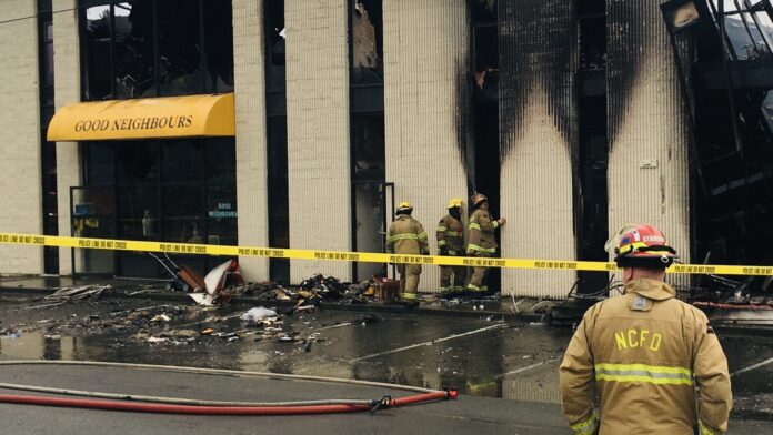 Fire damaged building on York Rd in North Cowichan.