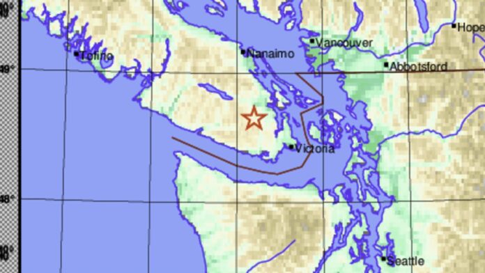 Location of magnitude 3 earthquake on September 18, 2025, on southern Vancouver Island.